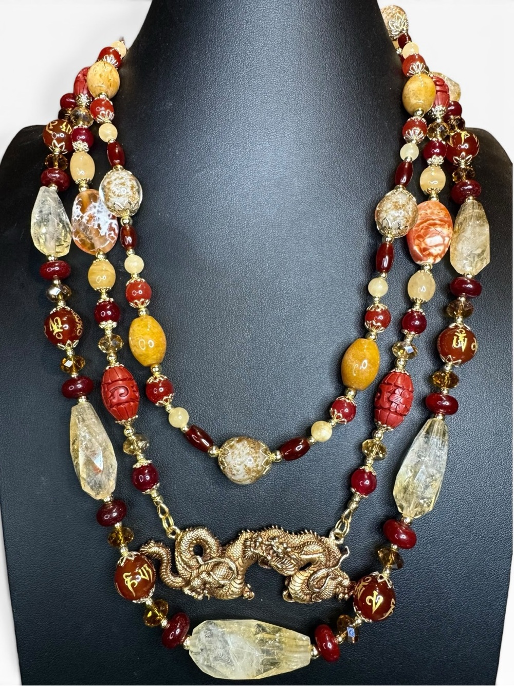 SOLD-ARTISAN Ruby, Citrine & Carnelian Multi-Strand Alva Museum Pendant Necklace - Picture 4 of 7